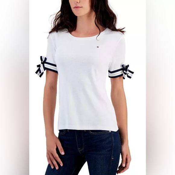 Tommy Hilfiger Women’s 100% White Cotton Navy Blue Tie Accent at Each Sleeve L - Picture 9 of 16